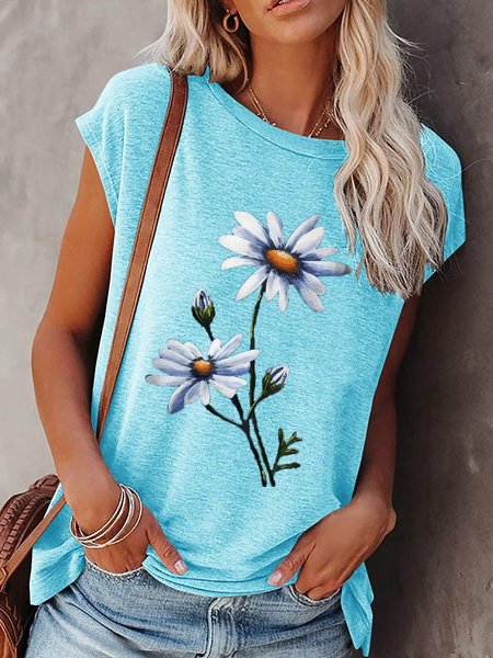 

Casuale Estate Donna Girocollo Stampato Floreale T-shirt, Blu, T-Shirts