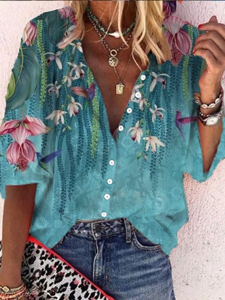 

Vintage 3/4 Sleeve Floral Birds Printed V Neck Plus Size Casual Tops, Blue, Blouses & Shirts