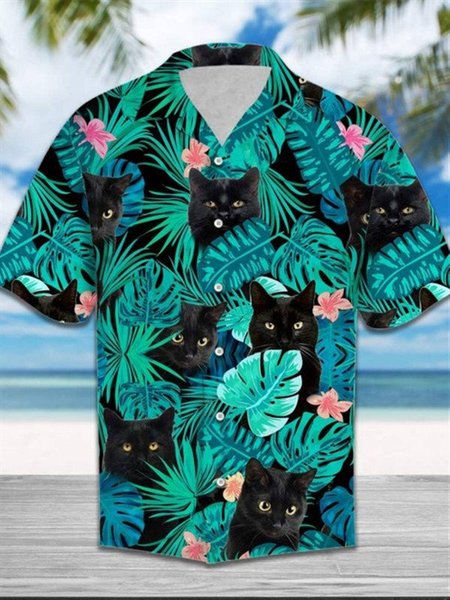Casual Cat Hawaiian Beach Shirt, Dark green, Men's Floral shirt