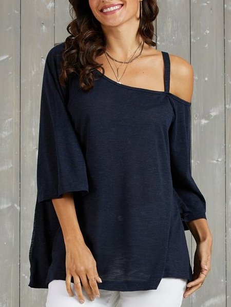 

Una Spalla Solido Mezza Manica Top, Blu intenso, T-Shirts