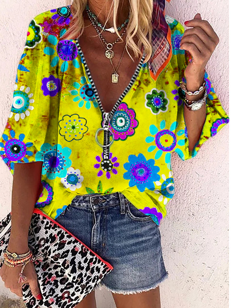 

Plus size Hippie Floral Casual Shirts & Tops, Yellow, Tops