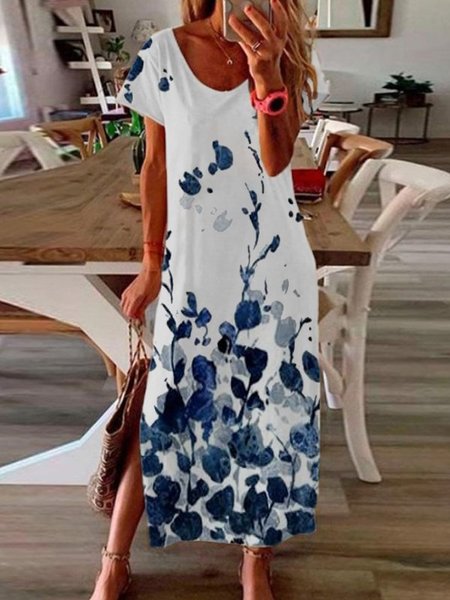 

Printed Scoop Neckline Ombre/tie-Dye Short Sleeve Casual Holiday Dresses, White-blue, Floral Dresses