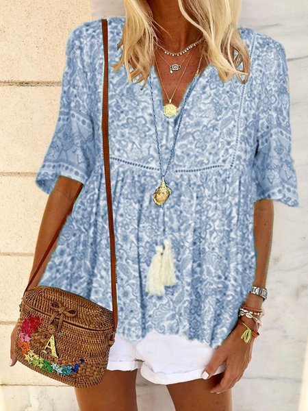 

Camicie & Top Casuale Floreale Cotone, Blu, Blouses & Shirts