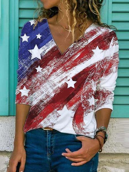 

Maniche Lunghe Casuale Stampato Scollo a V Camicie & Top, Multicolore, Tops