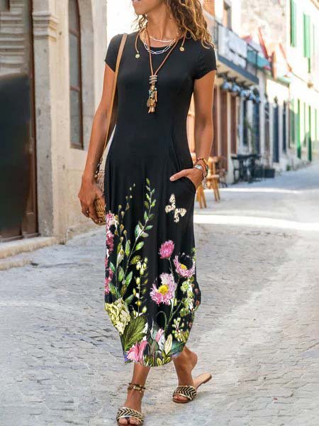 

Cotton-Blend Short Sleeve Crew Neck Floral-Print Knitting Dress, Black, Maxi Dresses