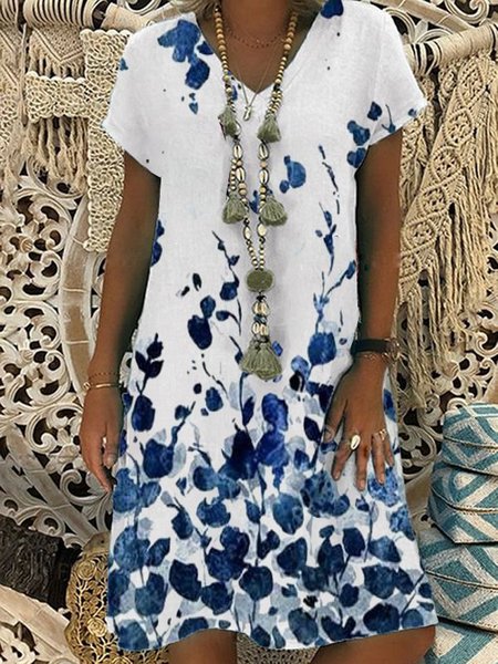 

Maniche Corte Scollo a V Gonna Casuale, Bianco-blu, Dresses