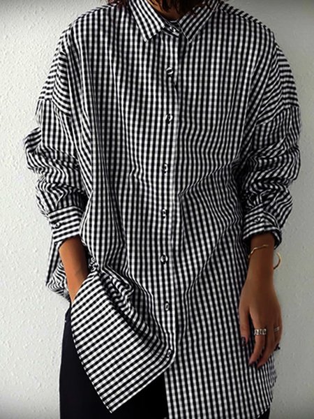 

Checkered Shirt Collar Cotton Long Sleeve Shirts, As picture, Shirts & Blouses