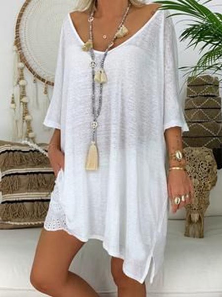 

Abito Maniche Corte Dritto Tinta Unita, Bianco, Mini Dresses