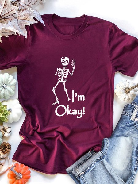 

I`m Okay Punk Skeleton Graphic Tee, Wine red, T-shirts