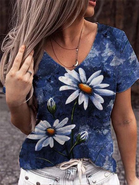 

Cotton-Blend Casual V Neck Floral-Print T-shirt, Purple, Tops