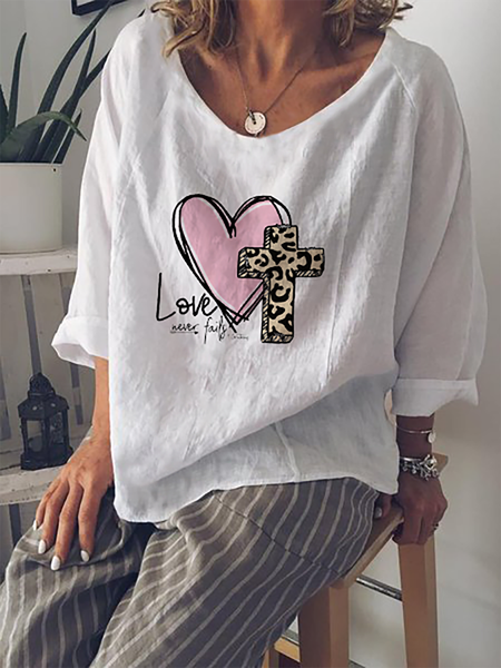 Plus size Easter Printed Casual Tops, White, Tops