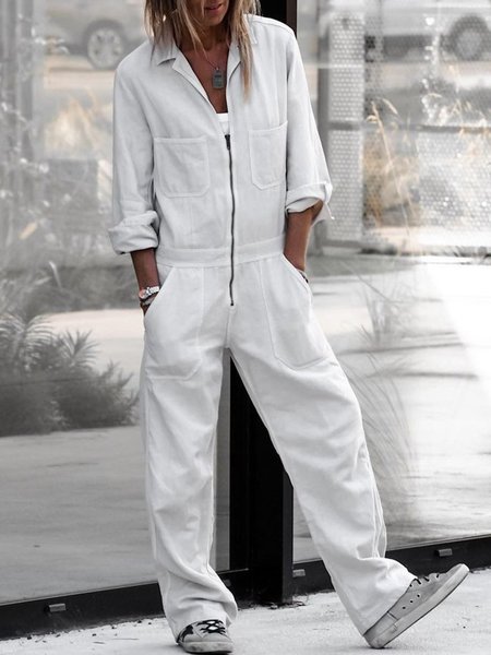 

Vintage Tinta unita Statement taglia grande 3/4 Manica Tasche Cerniera Casuale tuta, Bianco, Jumpsuits