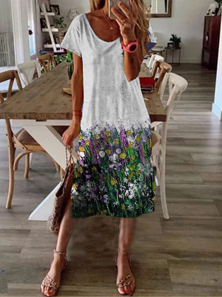 

New Women Chic Plus Size Vintage Boho Holiday Short Sleeve Floral Dresses, White, Dresses