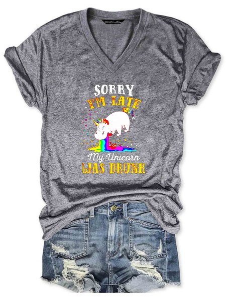 

Sorry I’m Late My Unicorn Was Drunk Women's V-neck T-shirt, Gray, T-shirts
