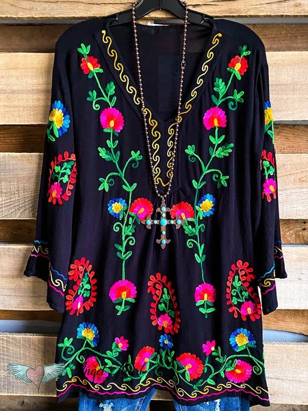 

Pastoral Long Sleeve Cotton-Blend Tops, Black, Tops