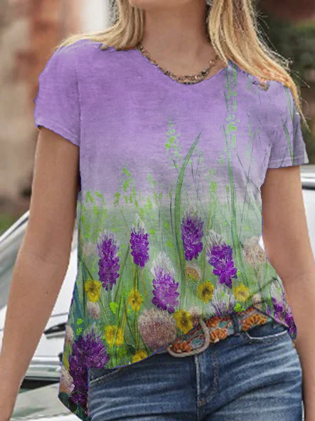 

Short Sleeve Shift V Neck Floral Shirts & Tops, Purple, Tops