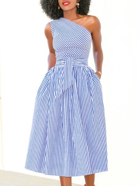 

Abito Vintage Strisce A-line Senza Maniche, Blu, Dresses
