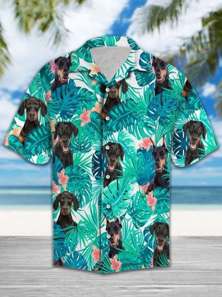 

Shawl Neck Dog Printed Hawaiian Shirts, Blue, Men's Floral shirt