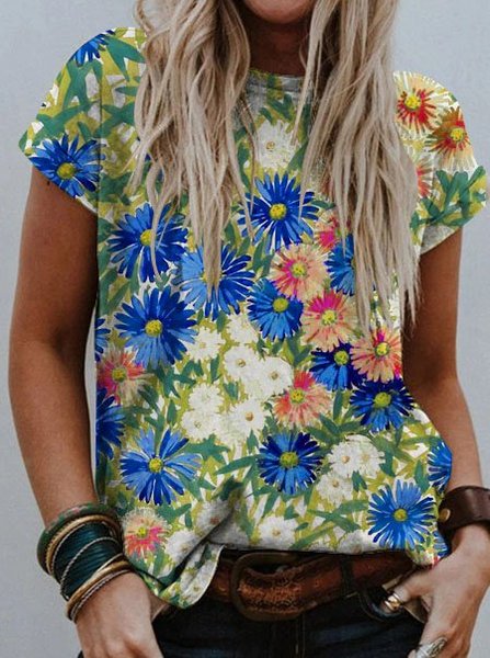

Colorful Flowers Graphic Short Sleeve Round Neck Loose Tee, Blue, T-shirts