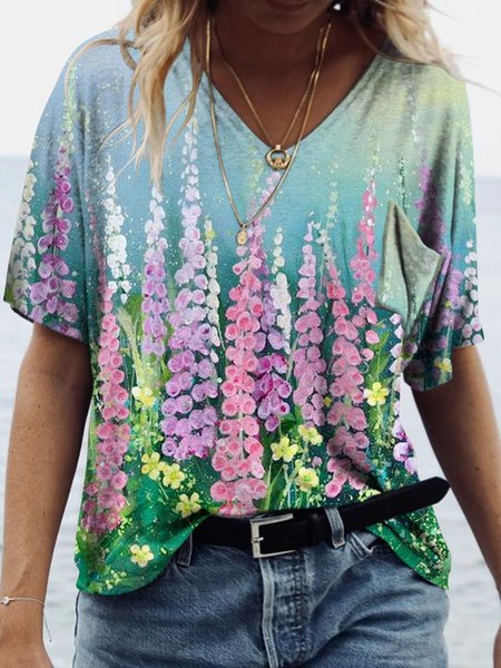

Lavender Graphic Short Sleeve Round Neck Casual Tee, Multicolor, T-shirts