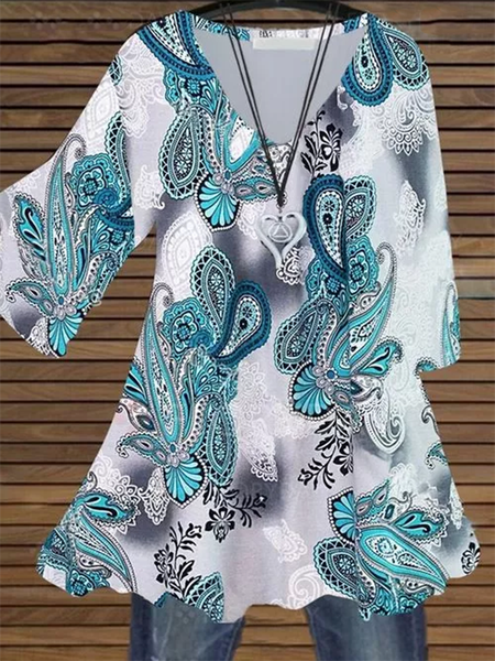 

V Neck Casual Printed Short Sleeve Shirts & Tops, Blue, Auto-Clearance
