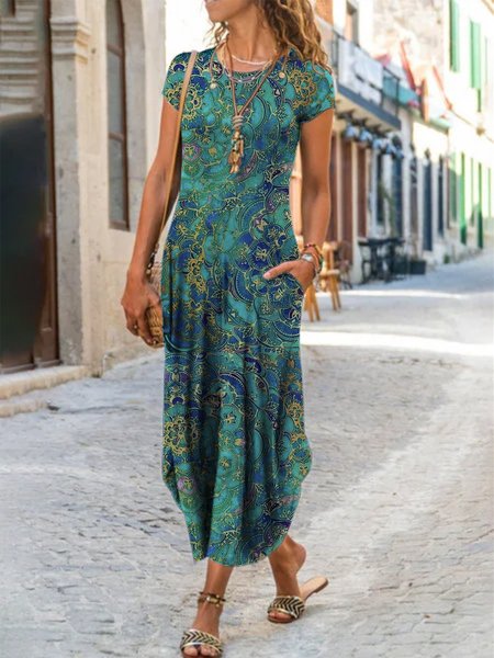 

Vintage Maniche Corte Abito Misto Cotone, Verde, Dresses