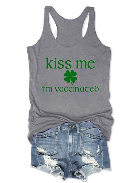

Kiss Me I'M Vaccinated Casual Crew Neck Sleeveless Woman Vests, Gray, T-shirts