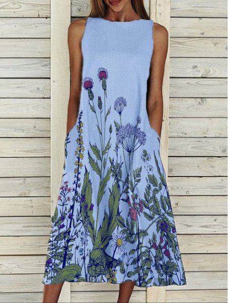 

Floral Printed Crew Neck Sleeveless Dresses, Blue, Dresses