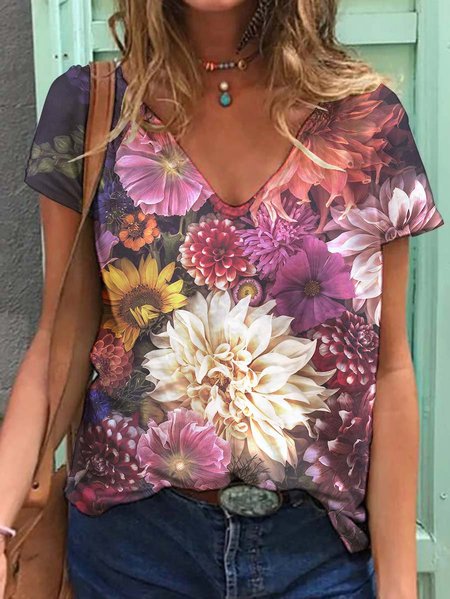 

Floral print V-neck T-shirt, Purple, T-shirts
