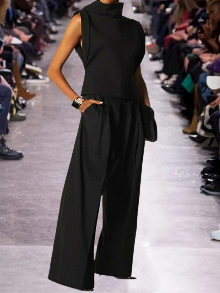 

Vintage Tinta unita Statement taglia grande senza maniche Tasche Casuale tuta, Nero, Jumpsuits