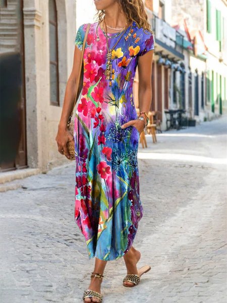 

Short Sleeve Boho Floral Knitting Dress, Picture color, Dresses