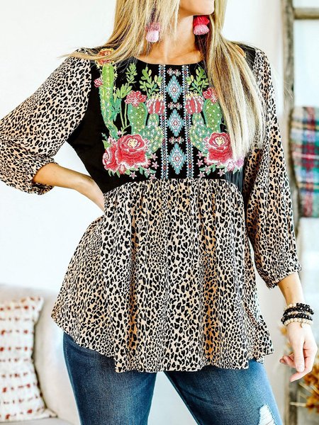 

Simple 3/4 Sleeve Leopard Tops, Tops