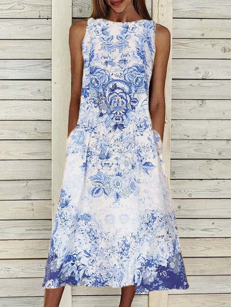 

Crew Neck Tribal Sleeveless Cotton-Blend Weaving Dress, White, Dresses
