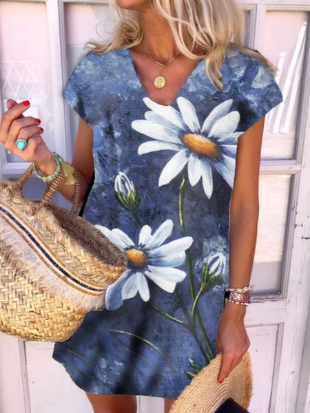 

Scollo a V Maniche Corte Abito, Blu, Mini Dresses