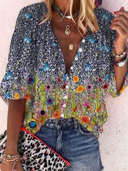 

Scollo a V Floreale Vacanza Maniche Lunghe Camicie & Top, Blu, Blouses & Shirts