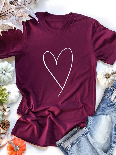 

Women Heart Shaped Crew Neck Short Sleeve Tee Top, Wine red, T-shirts