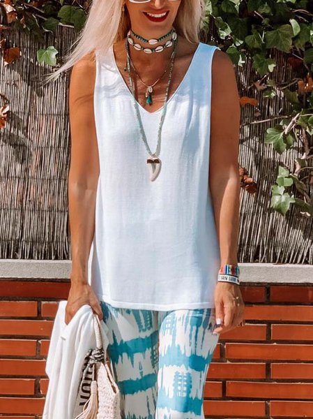 

V Neck Sleeveless Cotton-Blend Shift Tanks & Camis, White, Tanks & Camis