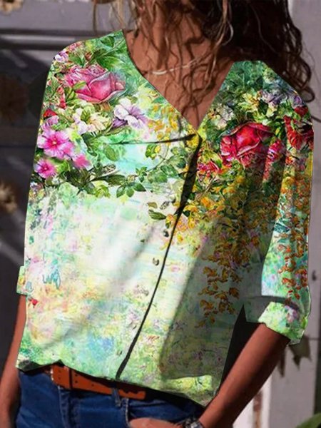 

Floreale Mezza Manica Stampato Poliestere Collo a scialle Casuale Estate Giallo Camicia, Blouses & Shirts
