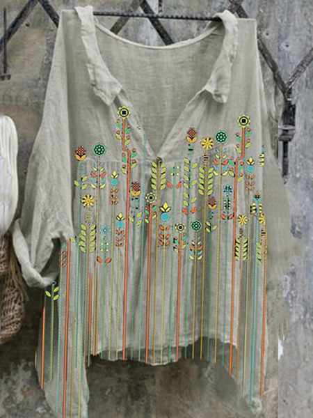 

Long Sleeve Floral Boho Shawl Collar Blouse, Gray, T-Shirts
