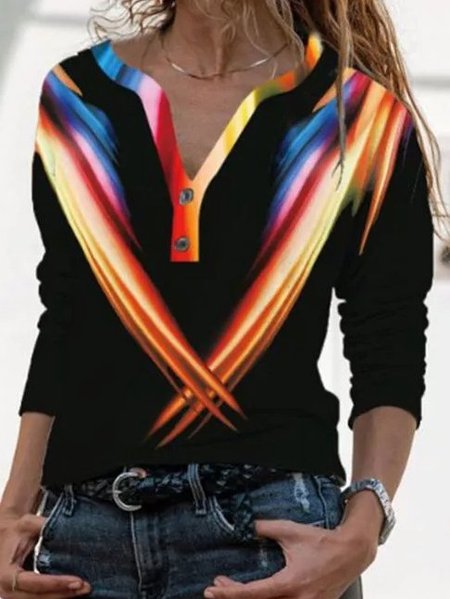 

Striped Vintage Long Sleeve V Neck Tops, Black, Long sleeve tops
