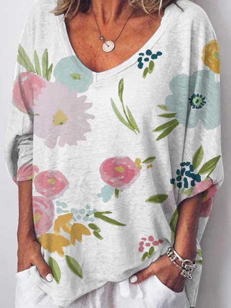 

Colorful Flower Graphic Long Sleeve Tee, As picture, T-shirts