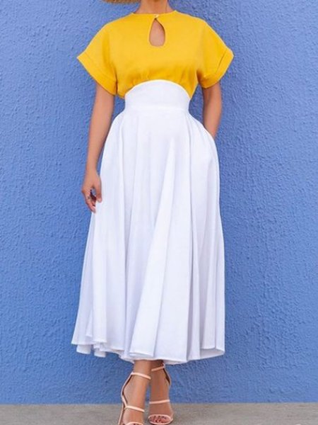 

A-Line Short Sleeve Color-Block Elegant Dress, As picture, Maxi Dresses