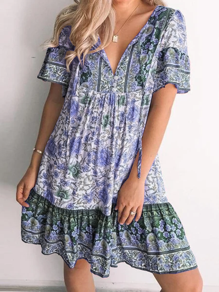 

Cotton V Neck Short Sleeve Dresses, Blue, Dresses