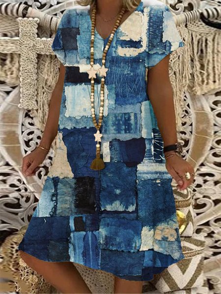 

Abito Dritto Maniche Corte Graffiti Cotone, Blu, Dresses