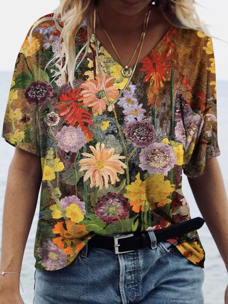 

Colorful Floral Graphic Short Sleeve V-Neck Loose Tee, Multicolor, T-shirts