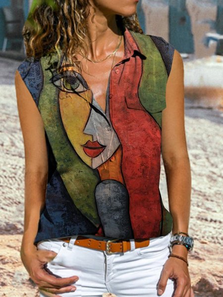 

Persone senza maniche Stampato Poliestere Colletto a Camicia Vintage Estate Multicolore Superiore, T-Shirts