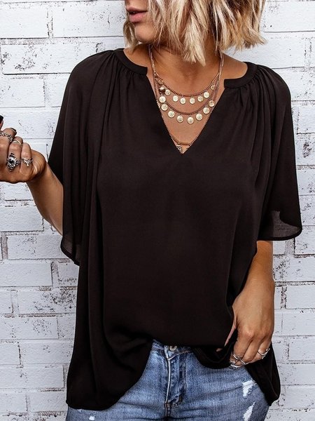 

V Neck Short Sleeve Cotton Tops, Black, Blouses & Shirts