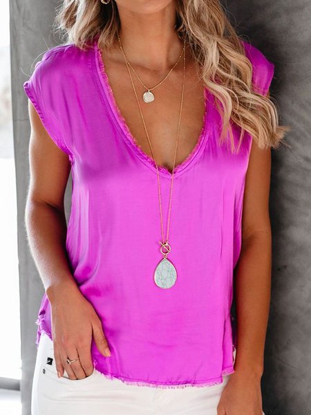 Casual Cotton-Blend Short Sleeve Shirts & Tops, Purple pink, Tops