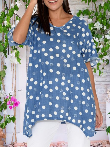 

Blue White Polka Dots Printed Casual Short Sleeve Curved Hemline T-Shirts & Tops, T-Shirts