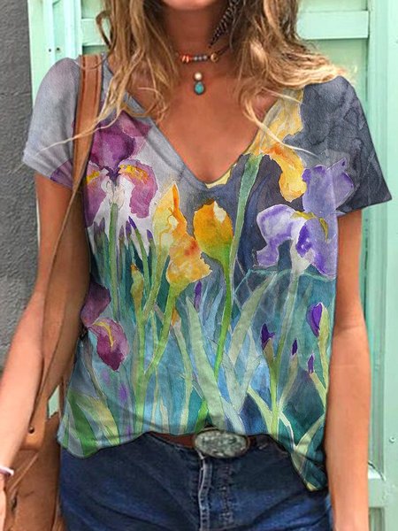 

Spring Flowers Graphic V-neck Tee, As picture, T-shirts